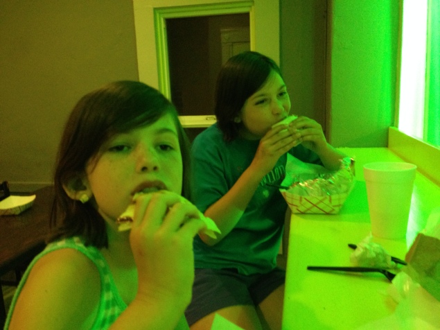 Grabbing late-night tacos and burritos at a place in San Jose. It's always fun to take the girls to new places.
